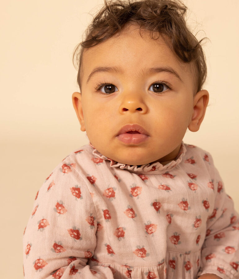 Abito a manica lunga in garza di cotone per beb&egrave; rosa/multicolore