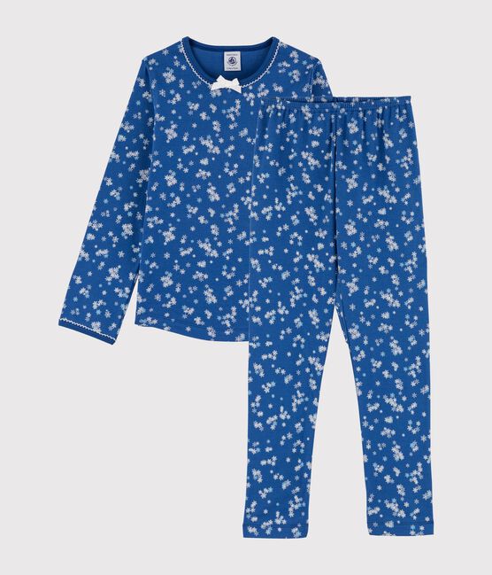 Pigiama bambina con stampa fiocchi a costine blu MAJOR/bianco ECUME