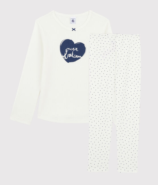 Pigiama cuoricini bambina a costine bianco MARSHMALLOW/blu MEDIEVAL
