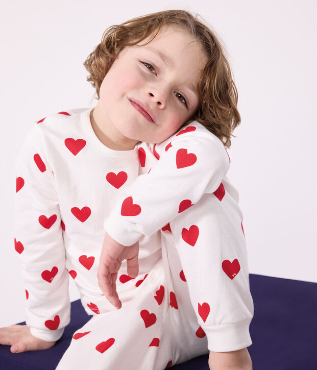 Pigiama bambina fantasia cuori a costine bianco/rosso
