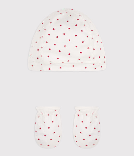 Confezione cuffietta e muffole a cuori in cotone variante 1
