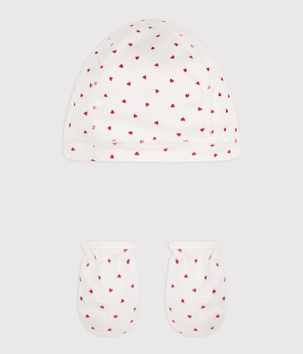 Confezione cuffietta e muffole a cuori in cotone multicolore