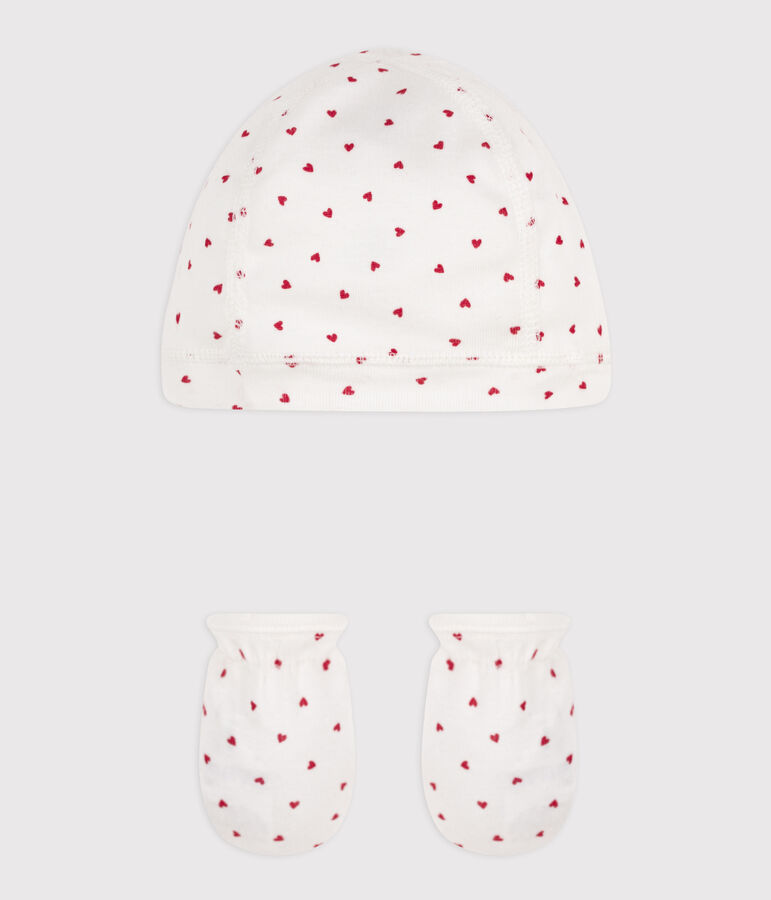 Confezione cuffietta e muffole a cuori in cotone multicolore