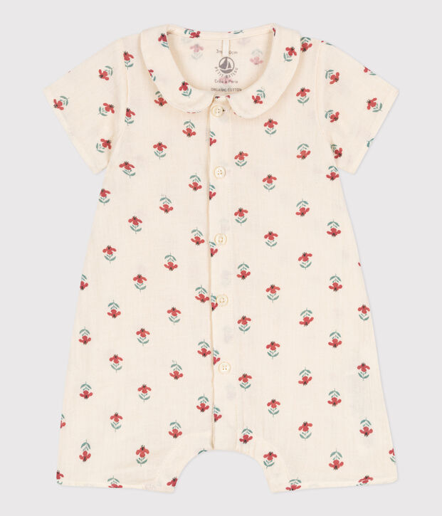 Tutina beb&egrave; in garza di cotone stampato ecru/multicolore