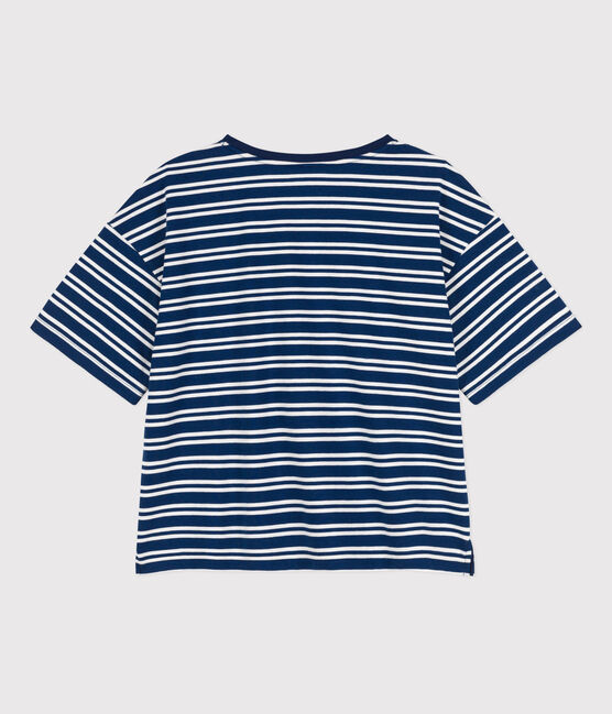 T-shirt LE BOXY in cotone donna blu MEDIEVAL/bianco MARSHMALLOW