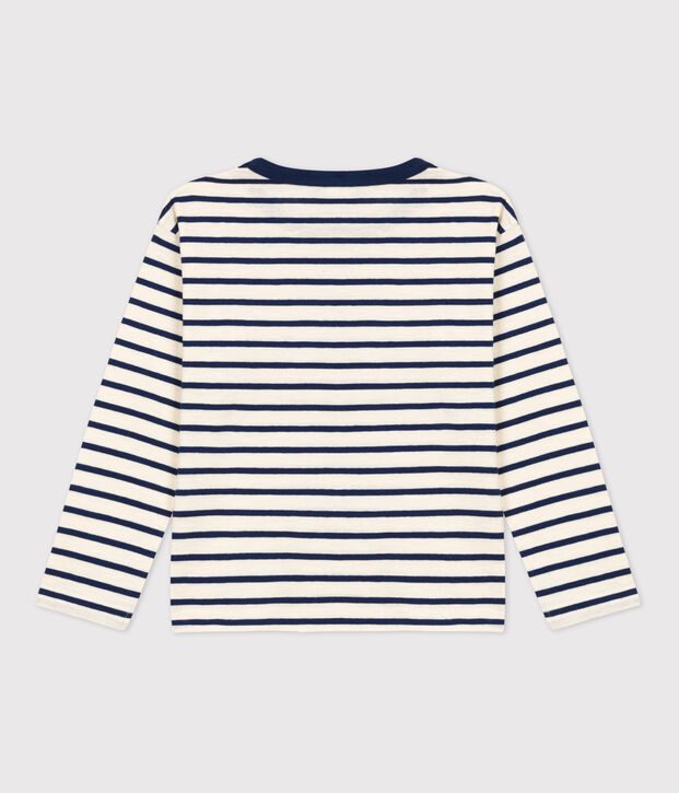 T-shirt bambino a maniche lunghe in cotone ecru/blu