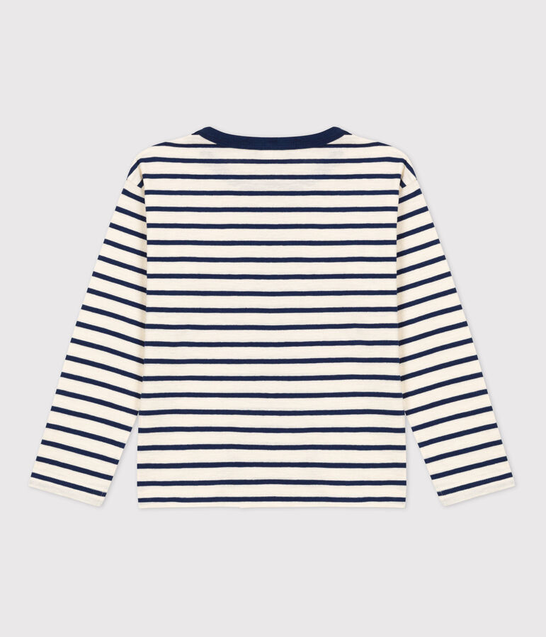T-shirt bambino a maniche lunghe in cotone ecru/blu