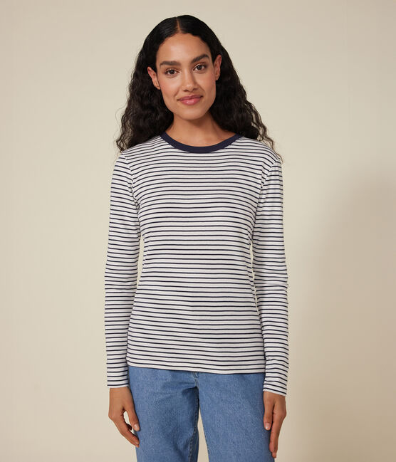 T-shirt L'Iconique a manica lunga in cotone rigato donna bianco MARSHMALLOW/blu SMOKING