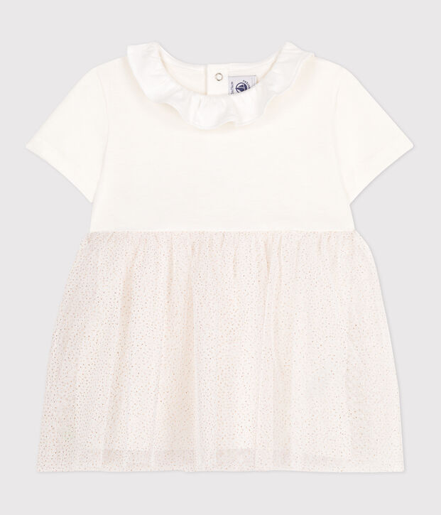 Abito a maniche corte con colletto in cotone e tulle neonato bianco/rosa