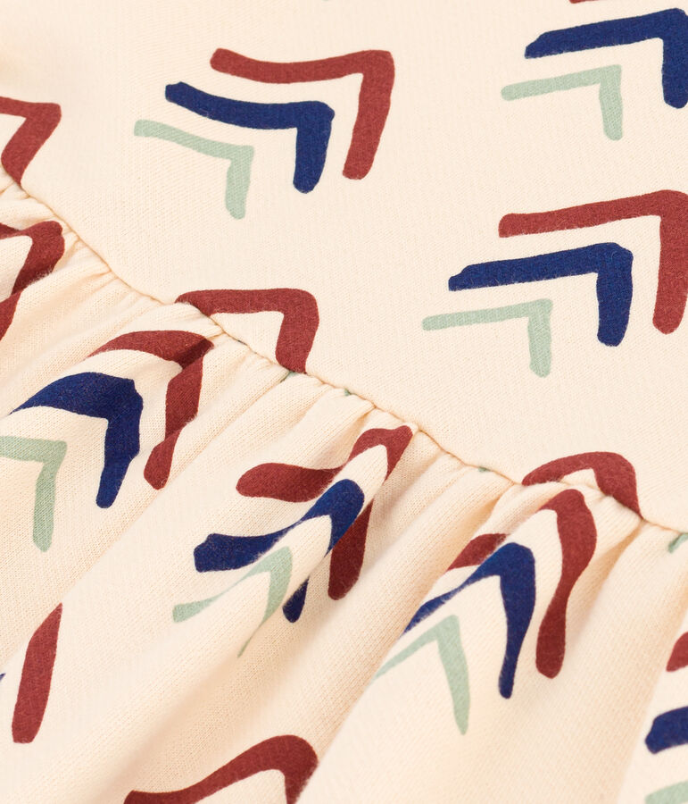 Abito bambina a maniche lunghe in tessuto felpato stampato ecru/blu/multicolore