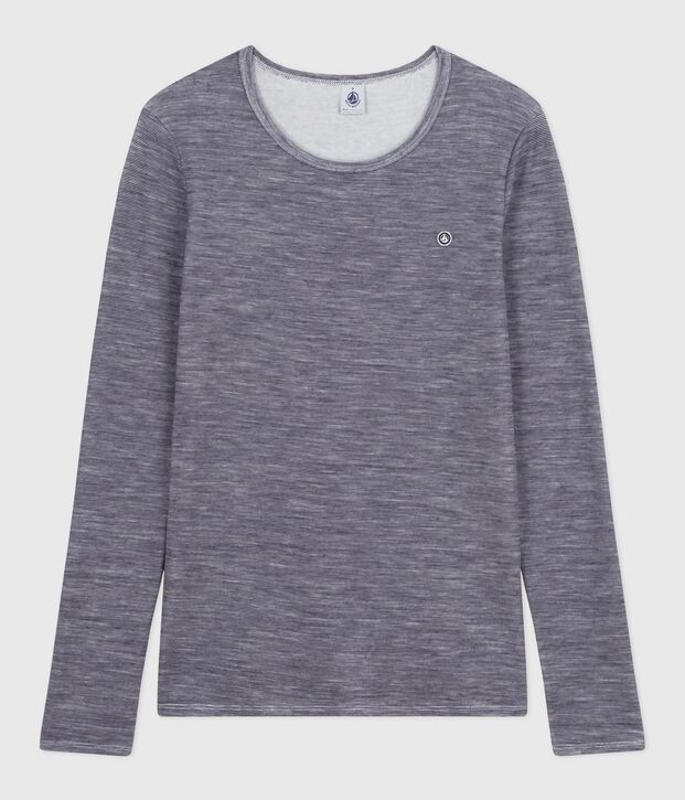T-shirt a maniche lunghe in misto lana e cotone a righe donna blu/bianco