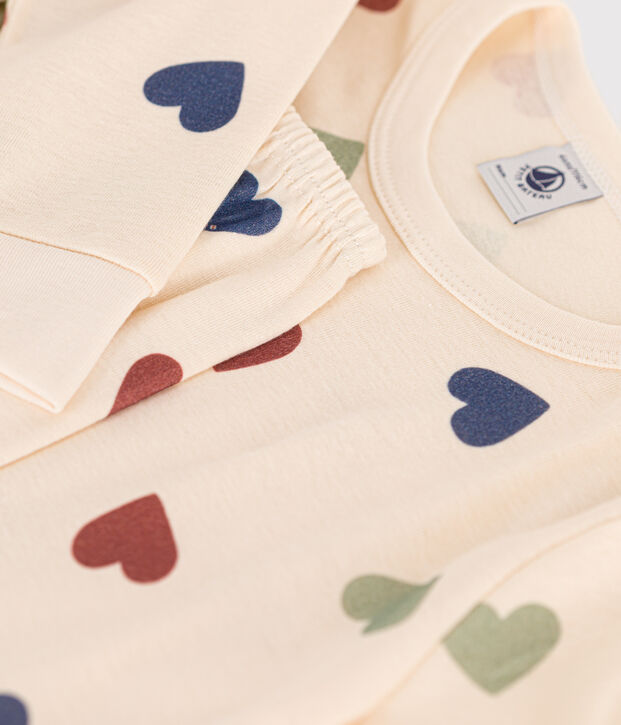 Pigiama bambino fantasia cuori in cotone ecru/multicolore