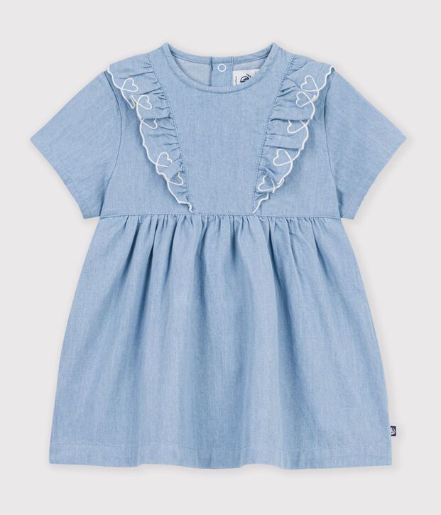 Vestitino da neonata in chambray a maniche corte ricamato con cuori. blu