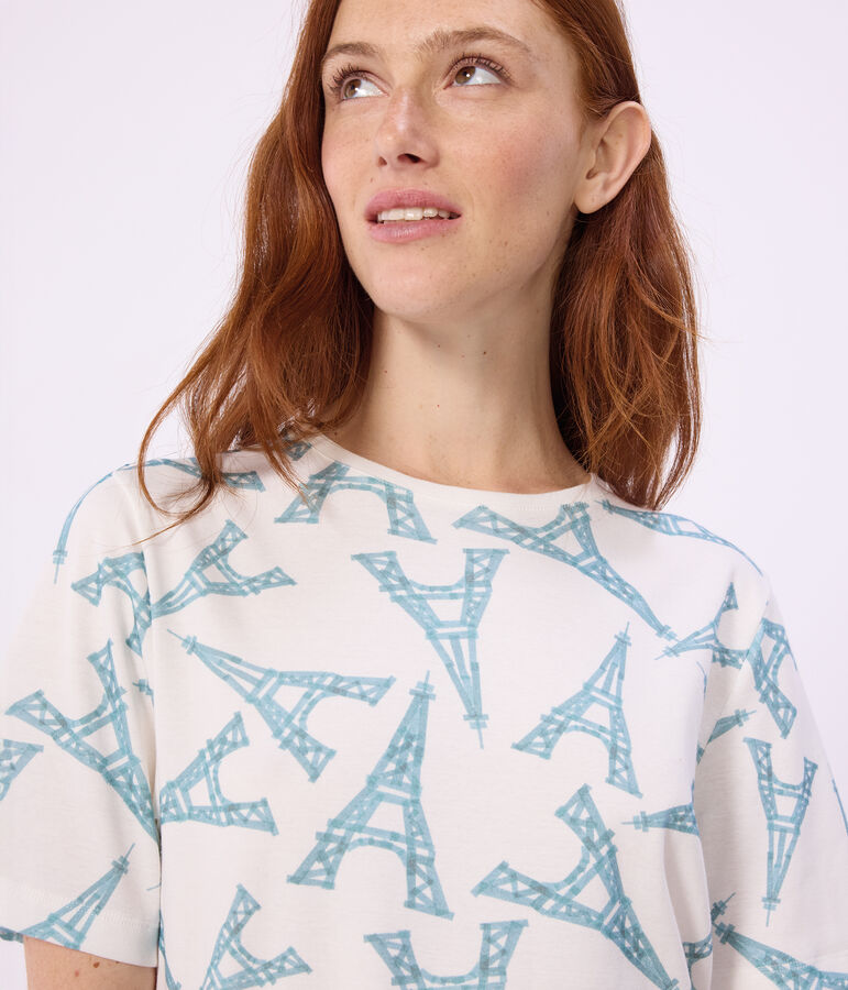 Pigiama corto in cotone con stampa Tour Eiffel donna bianco/multicolore