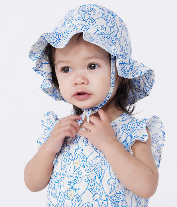 Cappellino in popeline con stampa neonata blu/blu