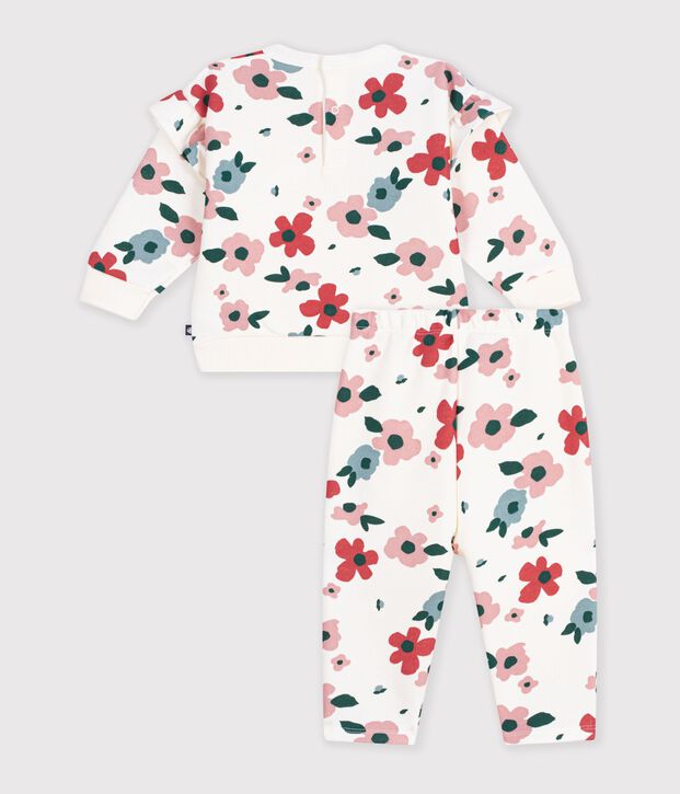 Set felpa e pantaloni in cotone con stampa a fiori neonata ecru/multicolore