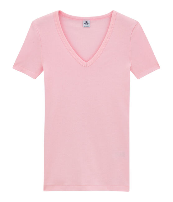 T-shirt donna scollo a V In costina originale 1X1 rosa BABYLONE