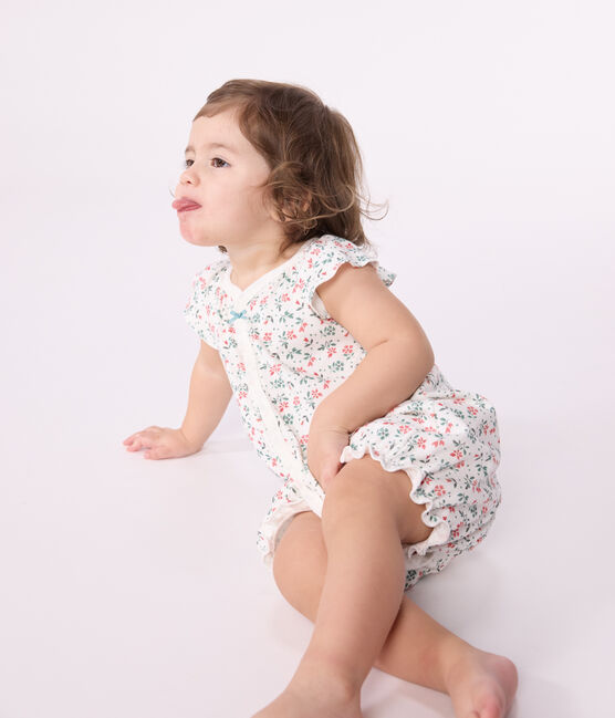 Tutina corta in cotone a fiori neonato bianco MARSHMALLOW/bianco MULTICO