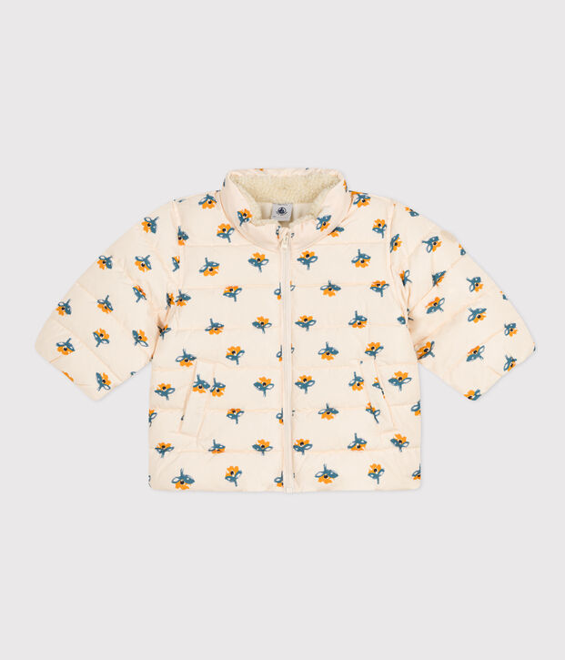 Piumino con stampa e cappuccio ripiegabile per beb&egrave; ecru/multicolore