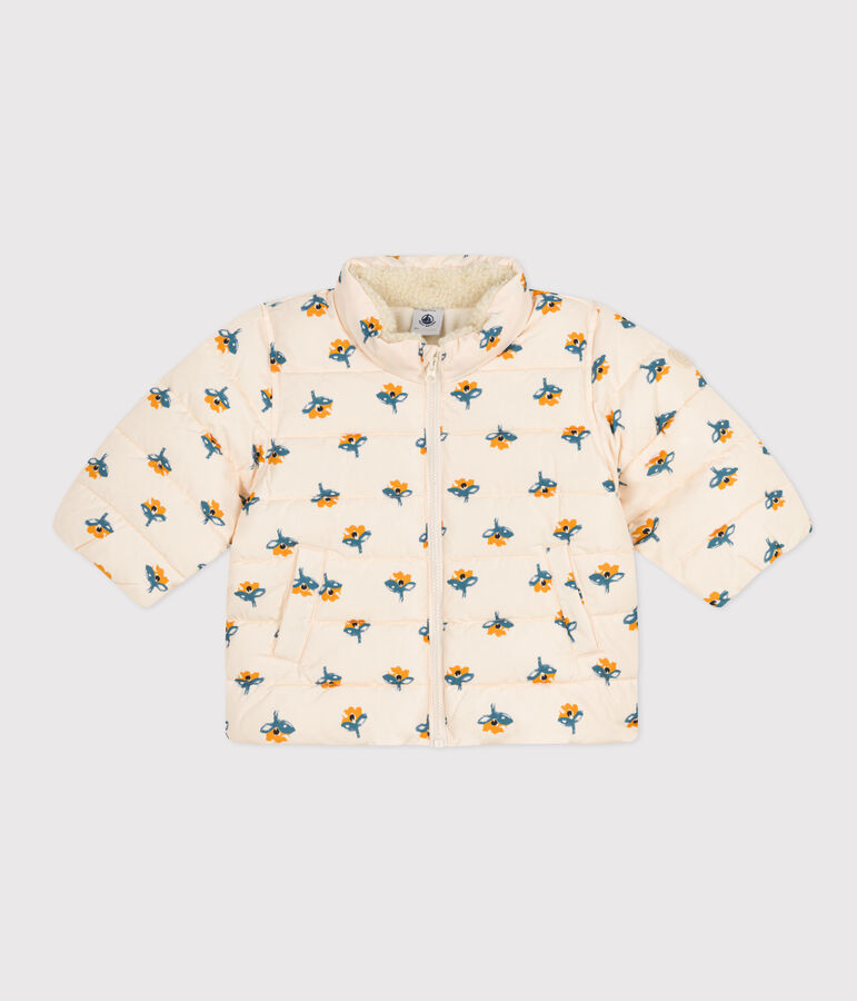 Piumino con stampa e cappuccio ripiegabile per beb&egrave; ecru/multicolore