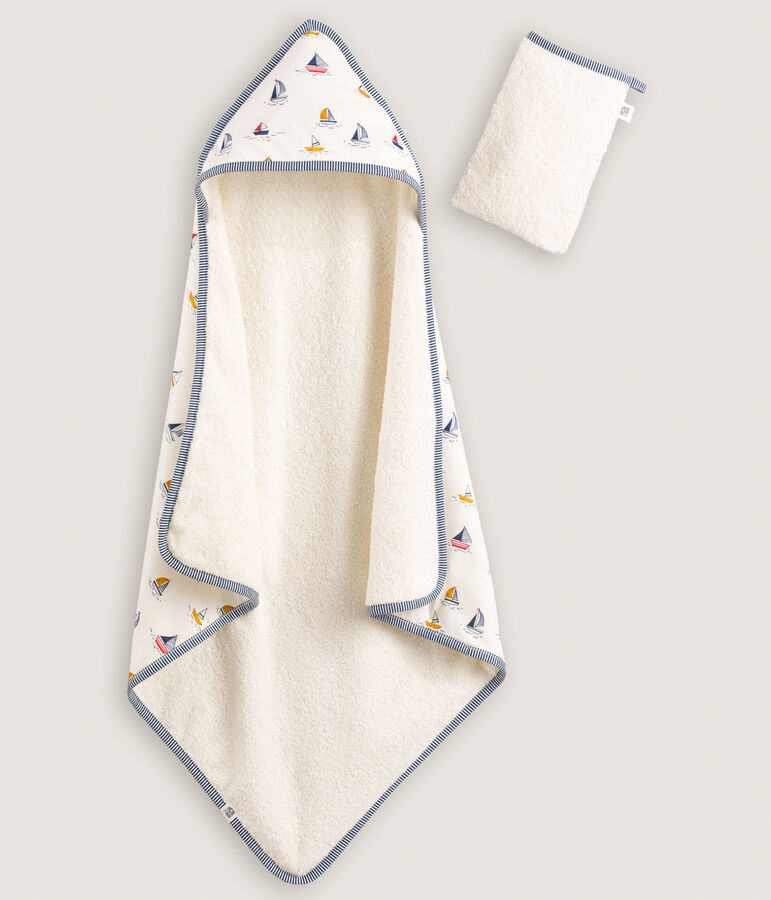 Telo da bagno e guanto beb&egrave; con motivo marino bianco MARSHMALLOW/blu MEDIEVAL/ MULTICO