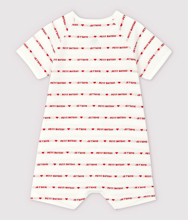 Tuta corta Petit Bateau Je t'aime in jacquard di cotone biologico bianco/rosso