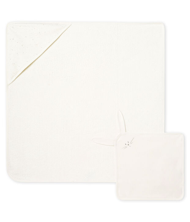 Cofanetto asciugamano quadrato da bagno e doudou beb&egrave; in BE e tubique bianco/multicolore