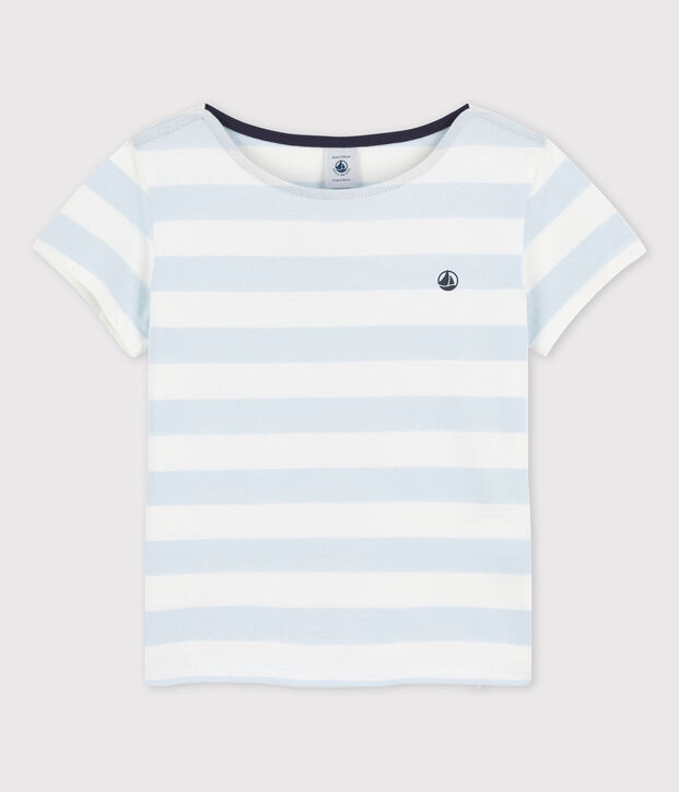 T-shirt a maniche corte in cotone bambina blu/bianco