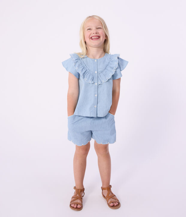 Shorts in cotone tinta unita bambina blu