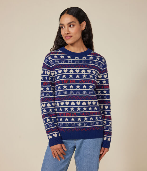 Maglione in misto lana e cotone jacquard donna blu MEDIEVAL/bianco MULTICO