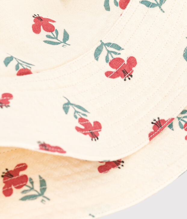 Cappellino in garza di cotone a fiori bambina ecru/multicolore