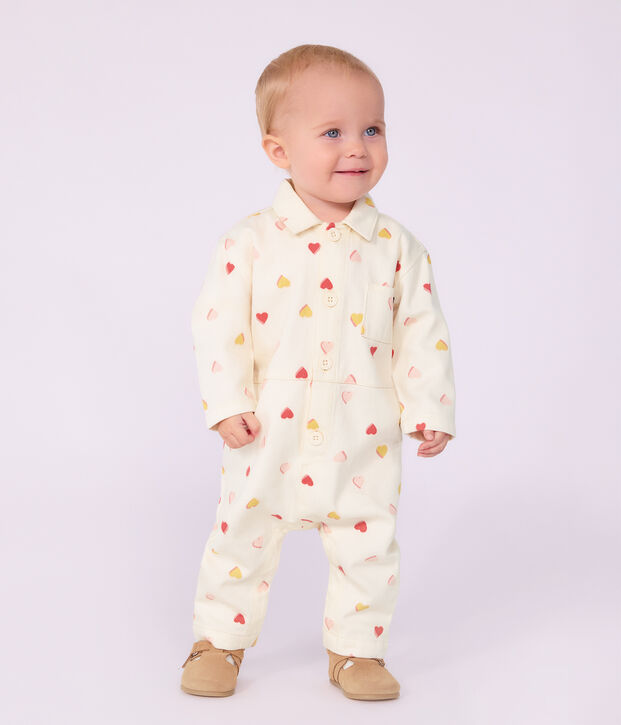 Tutina lunga in cotone con stampa a cuori neonata ecru/multicolore
