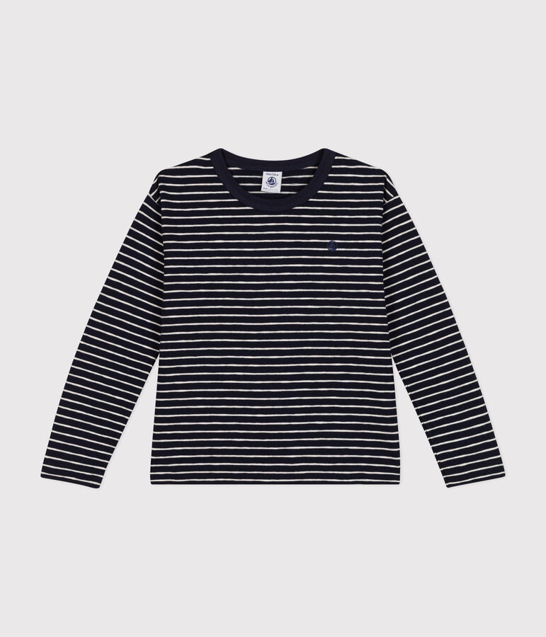 T-shirt a maniche lunghe in jersey flamm&eacute; bambino blu/beige