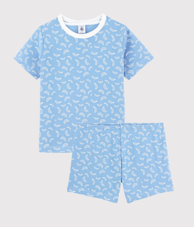Pigiama corto fantasia banane bambino-bambina in cotone blu/bianco