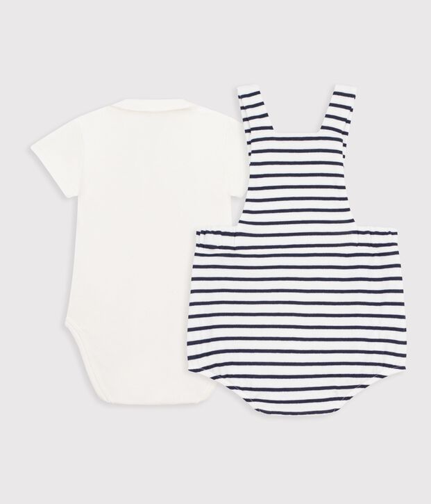 Set 2 pezzi in cotone a righe con dettagli ricamati neonato bianco/blu