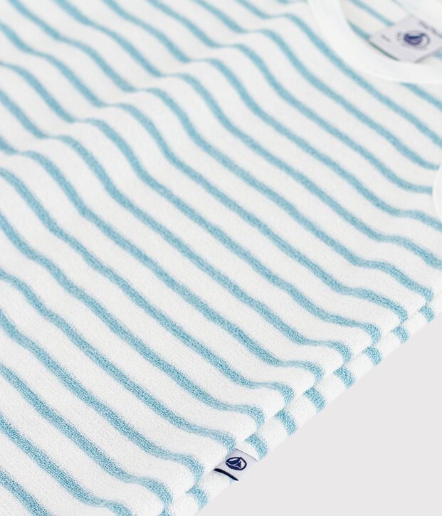 Tutina corta senza maniche in spugna di cotone boucl&eacute; a righe neonato bianco/blu