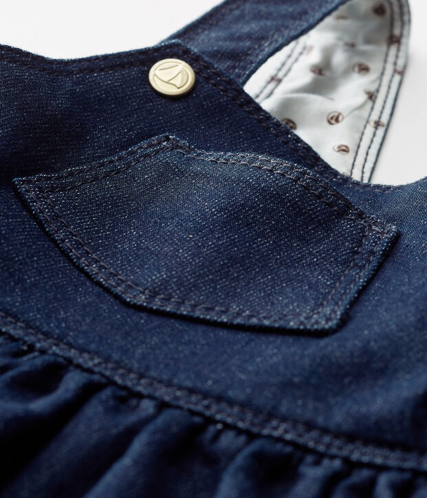 Abito salopette bambina in maglia effetto denim blu/beige