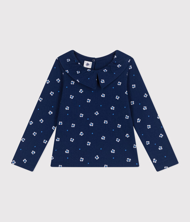 T-shirt bambina a maniche lunghe in cotone a fiori blu/multicolore