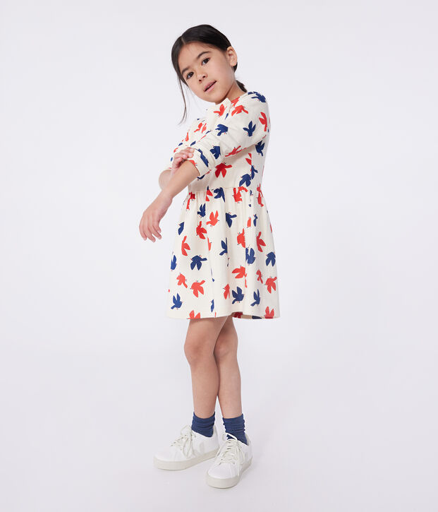 Abito a maniche lunghe in cotone con stampa bambina ecru/multicolore