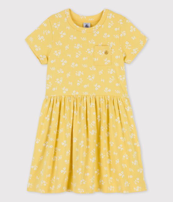 Abito bambina a maniche corte in cotone giallo ORGE/bianco MARSHMALLOW