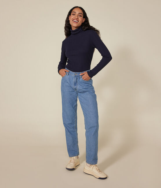T-shirt L'Iconique donna in cotone fantasia con collo a lupetto blu SMOKING