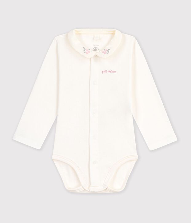 Body a maniche lunghe in cotone tinta unita con colletto ricamato neonato rosa/rosa