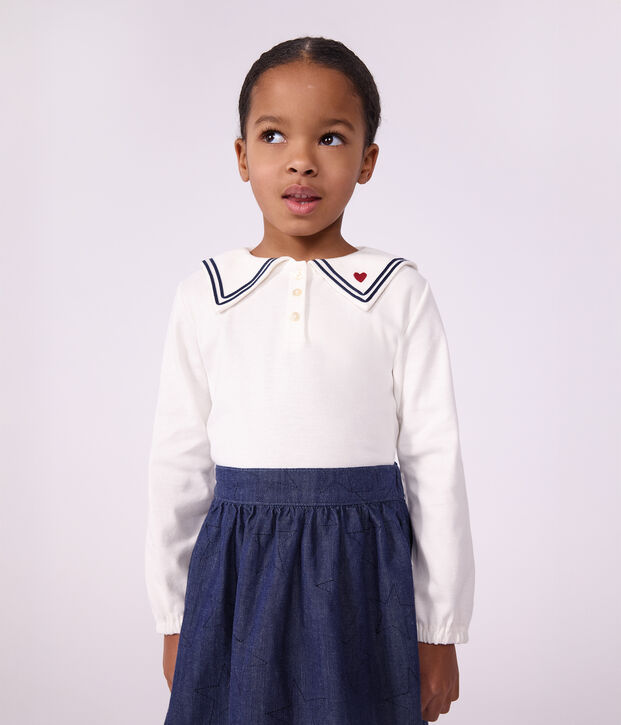 Blusa con colletto e maniche lunghe in cotone tinta unita bambina bianco