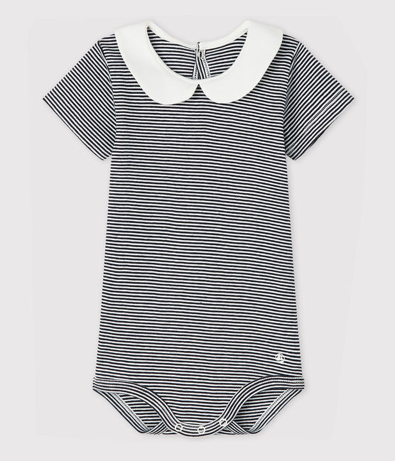 Body colletto alla collegiale in cotone bebè femmina blu SMOKING/bianco MARSHMALLOW