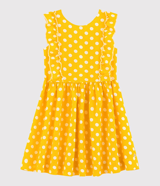 Abito manica corta in lino bambina giallo SHINE/bianco MARSHMALLOW