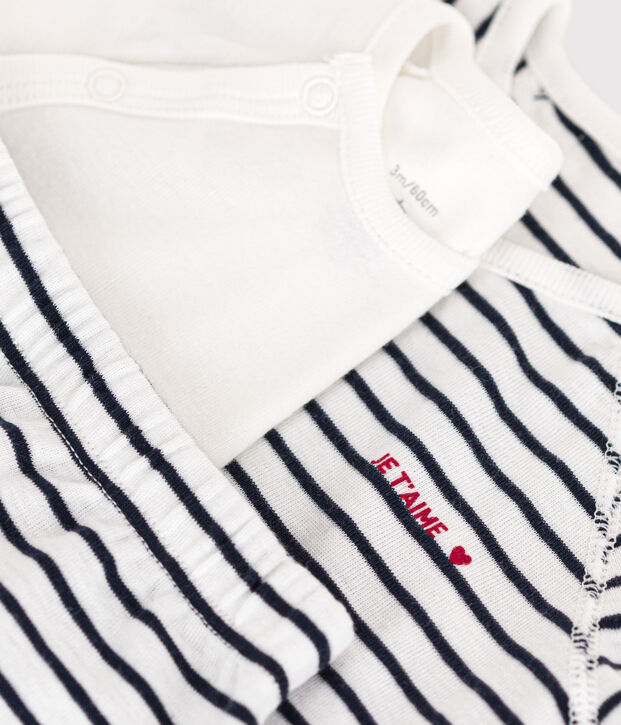 Completo con 3 pezzi a righe in cotone per beb&egrave; bianco/blu