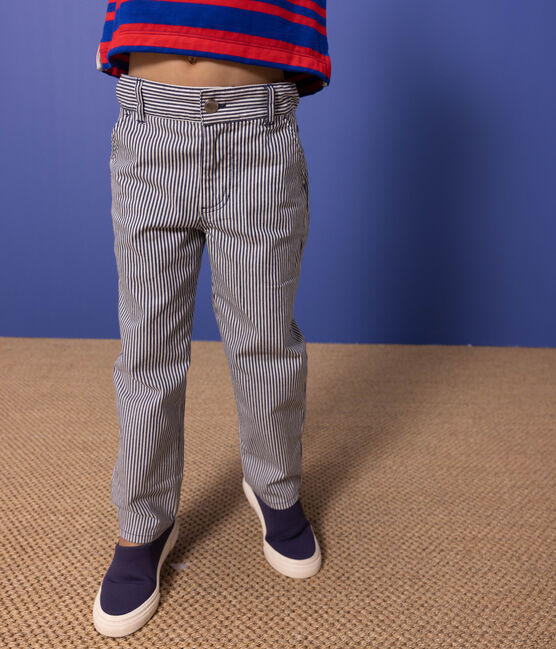 Pantalone bambino in tela di cotone a righe blu MEDIEVAL/bianco MARSHMALLOW