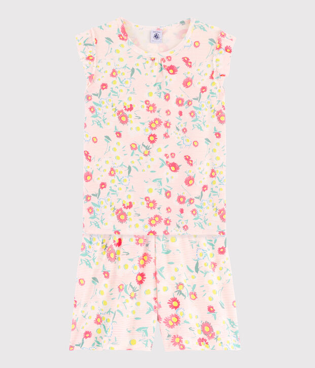 Pigiama corto a fiori bambina a costine bianco/multicolore