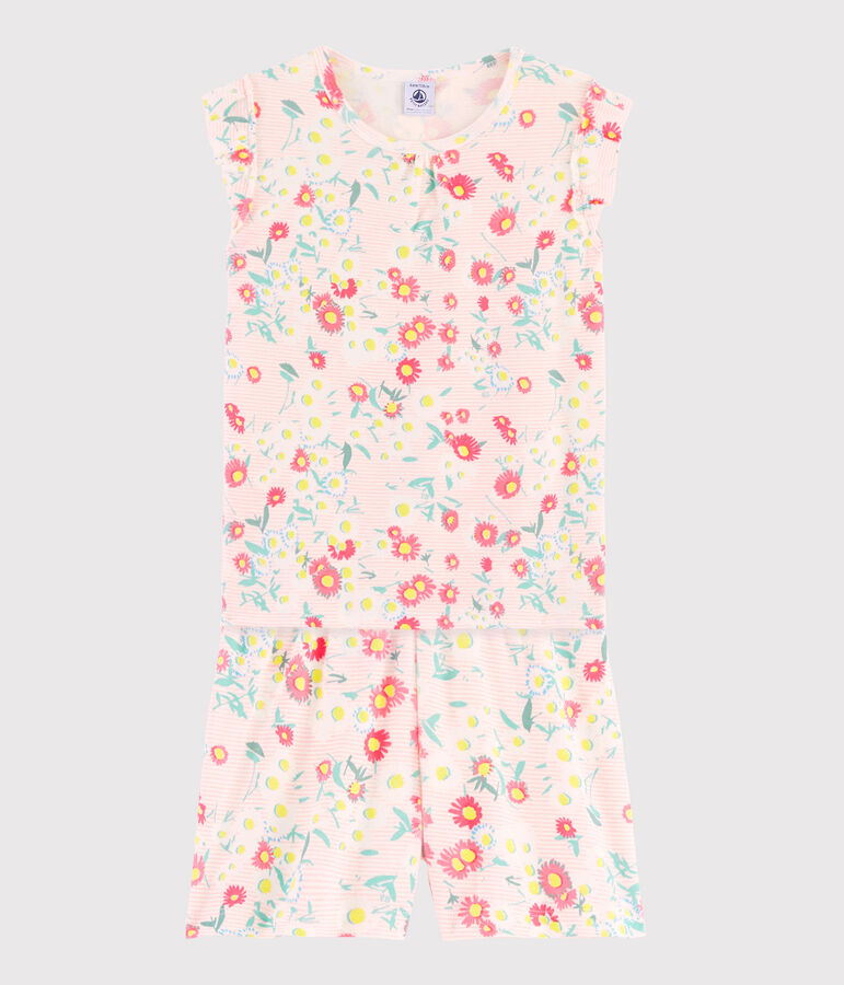 Pigiama corto a fiori bambina a costine bianco MARSHMALLOW/bianco MULTICO