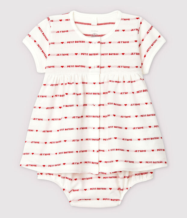 Abito manica corta con bloomer beb&egrave; femmina in jacquard di cotone biologico bianco/rosso